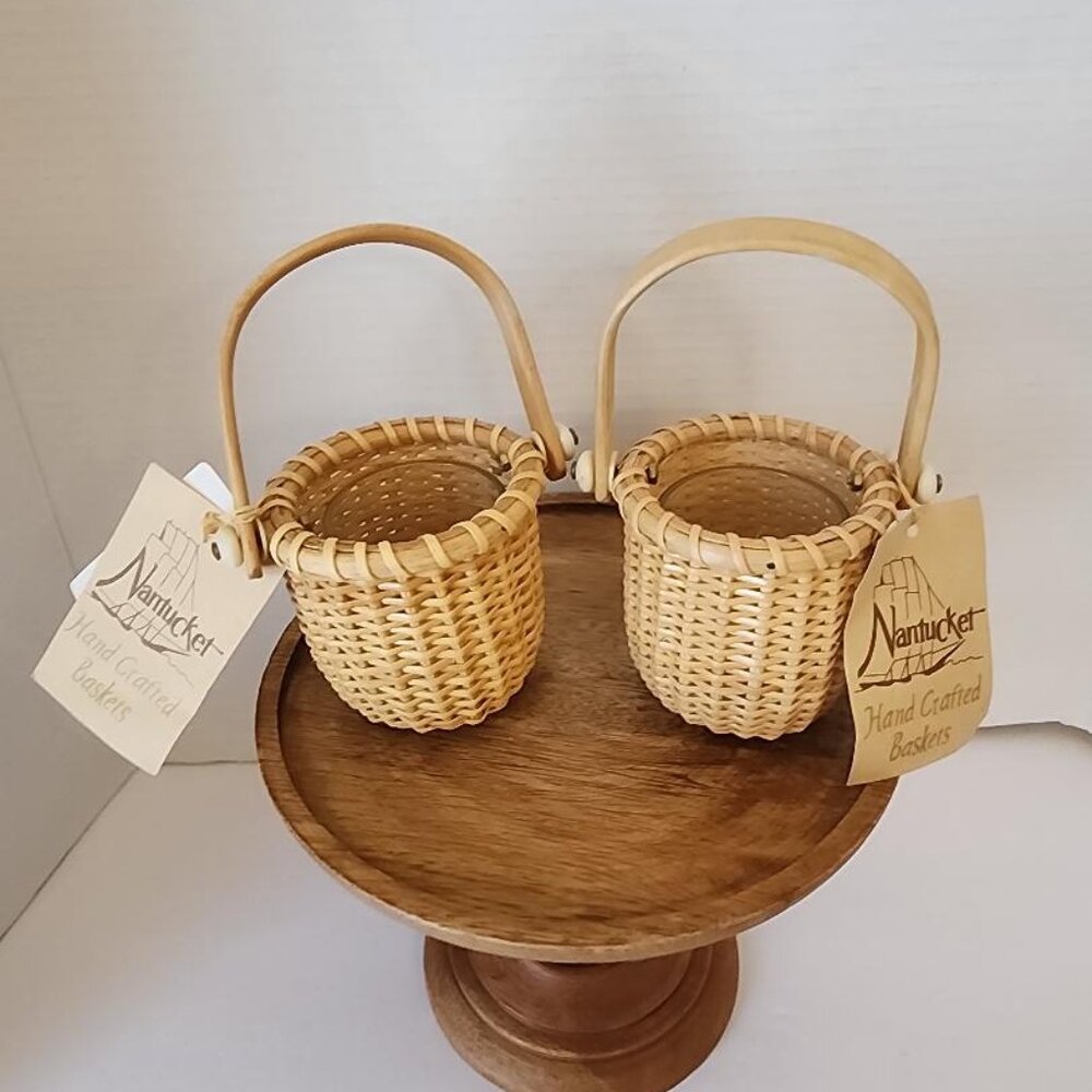 2-Nantucket Basket Miniature Mini 3” Round Swing Handle Glass Votive Holder